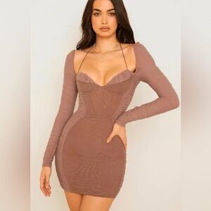 House of CB Sebastiana Ruched Corset Mini Dress Women’s Size Small Mocha Brown